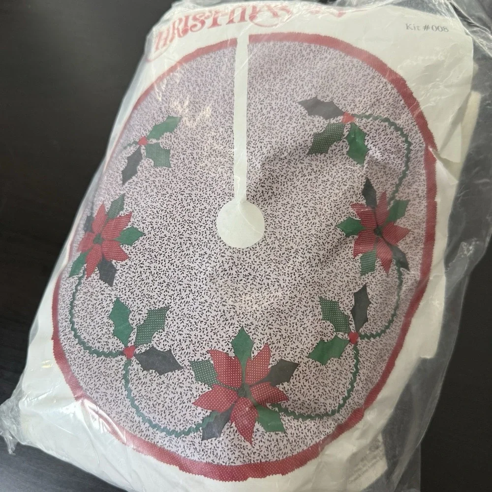 Vintage Gingham Goose‎ Poinsettia Patchwork Tree Skirt New 1980 Handmade Craft